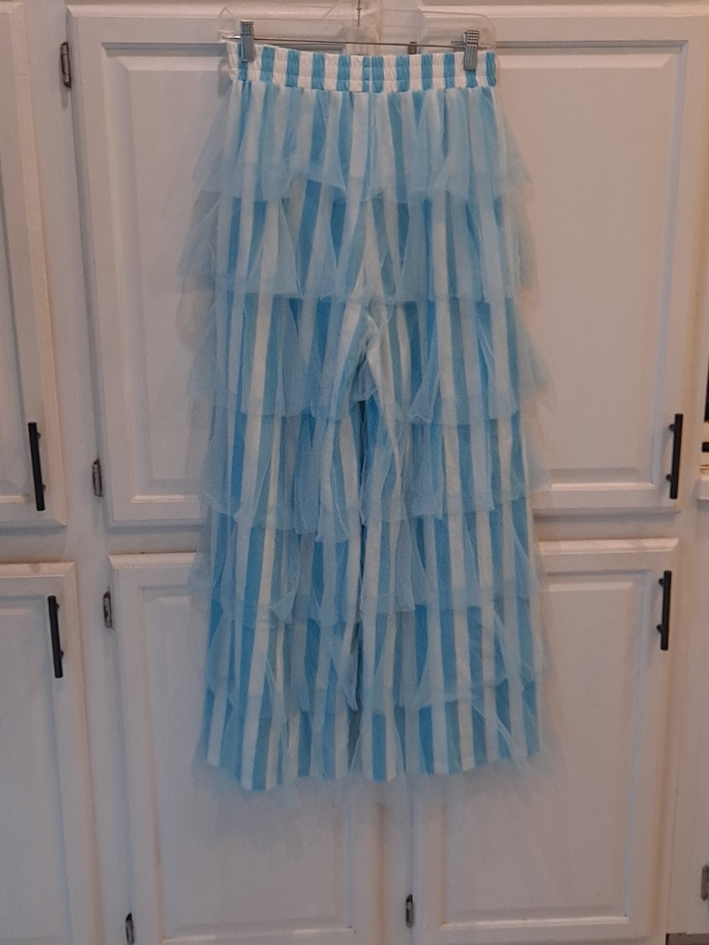 Retro Chic High Waist Blue & White Striped Mesh Ruffle Tiered Wide-Leg Pants